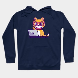 Cute Cat Working On Laptop Cartoon Hoodie